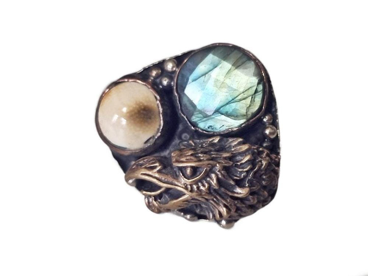 Eagle Statement Ring, Labradorite Horn Ring, Boho Biker Jewelry, Adjustable Animal Ring, Handmade Gemstone Ring, Gift for Her