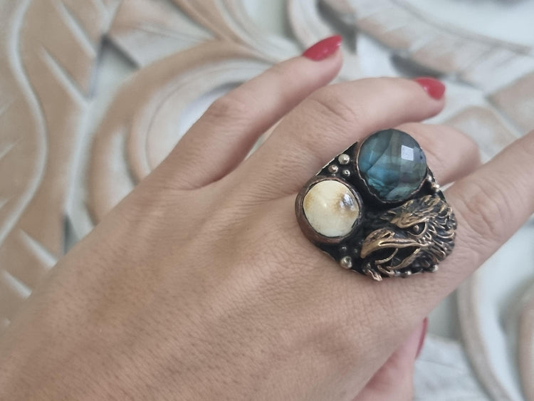 Eagle Statement Ring, Labradorite Horn Ring, Boho Biker Jewelry, Adjustable Animal Ring, Handmade Gemstone Ring, Gift for Her