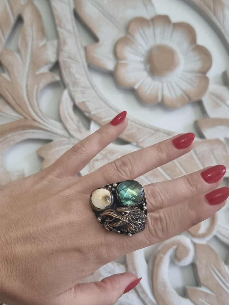 Eagle Statement Ring, Labradorite Horn Ring, Boho Biker Jewelry, Adjustable Animal Ring, Handmade Gemstone Ring, Gift for Her
