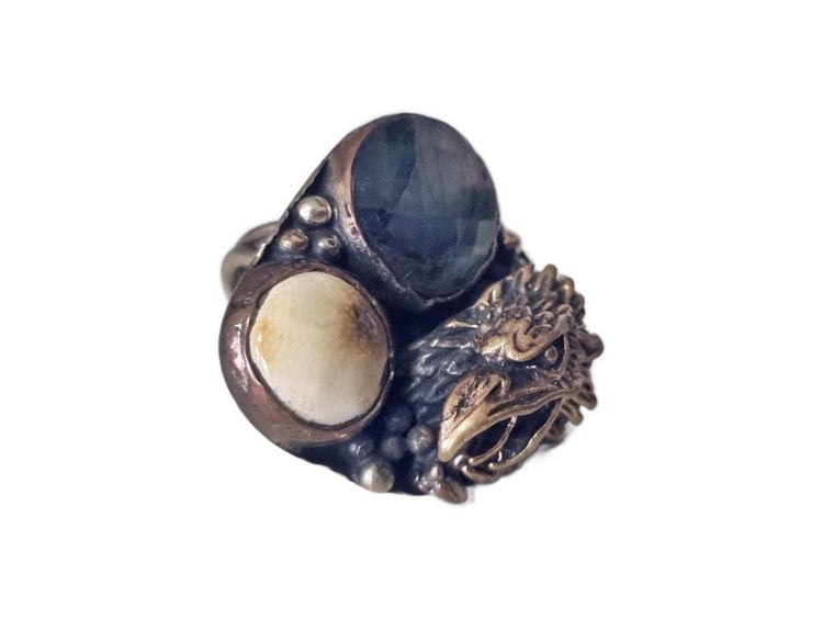 Eagle Statement Ring, Labradorite Horn Ring, Boho Biker Jewelry, Adjustable Animal Ring, Handmade Gemstone Ring, Gift for Her