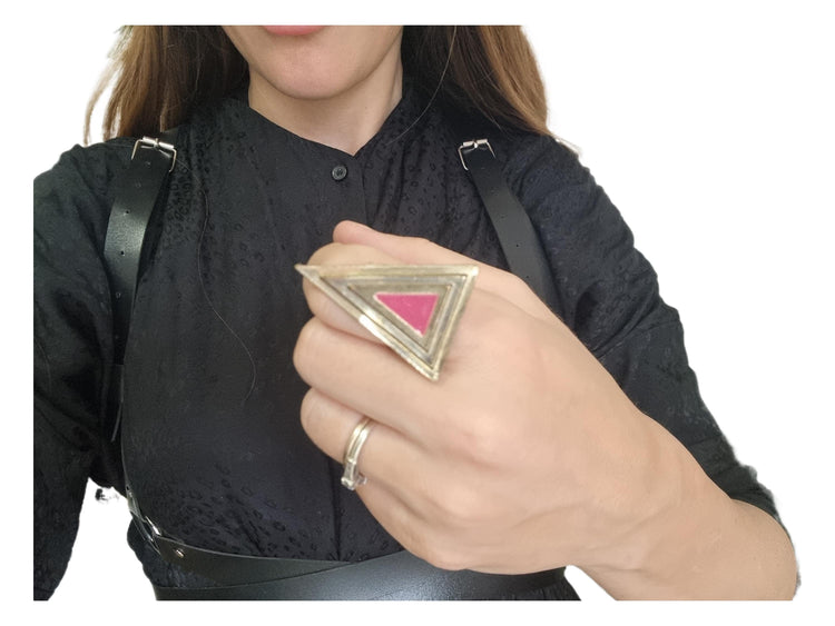 Gold Triangle Ring: Pink Enamel Art Deco Adjustable Statement Ring