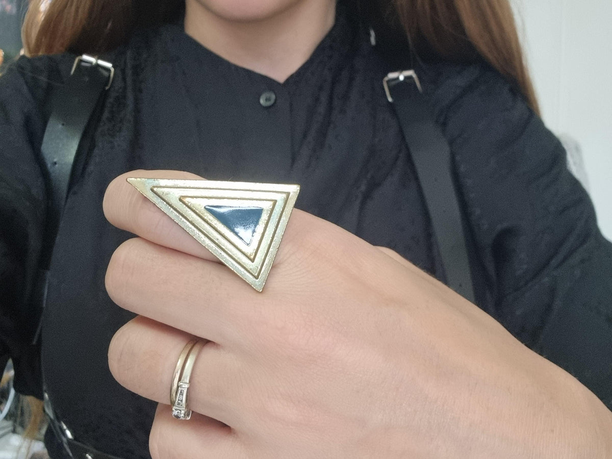 Gold Triangle Ring: Pink Enamel Art Deco Adjustable Statement Ring