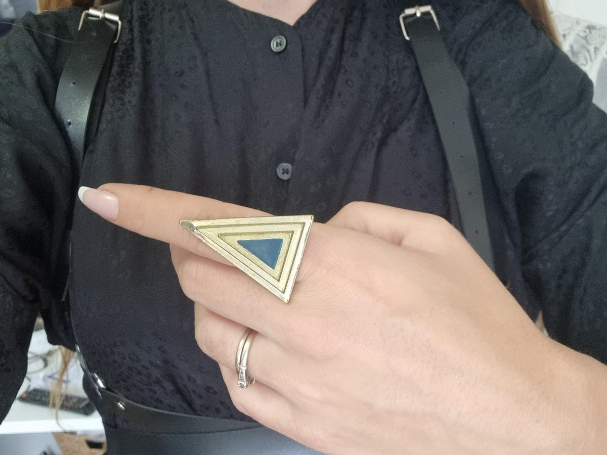 Gold Triangle Ring: Pink Enamel Art Deco Adjustable Statement Ring