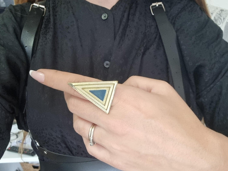 Gold Triangle Ring: Pink Enamel Art Deco Adjustable Statement Ring