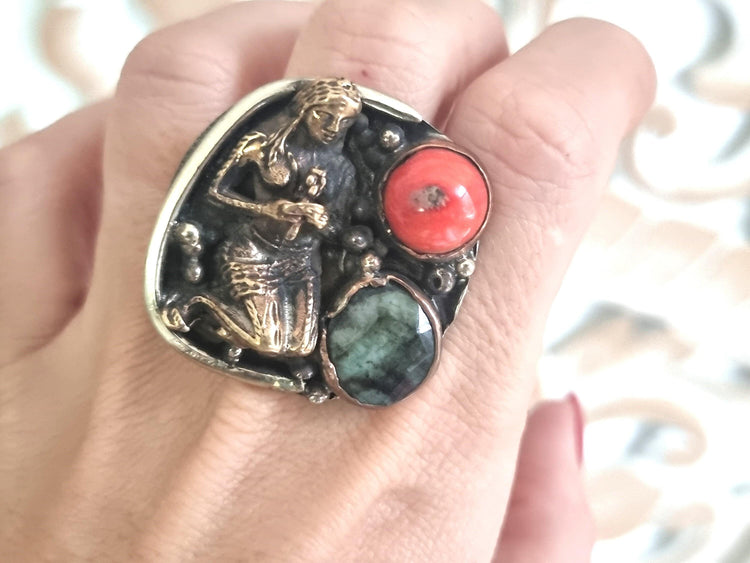Praying Woman Statement Ring, Labradorite Coral Chalcedony Ring, Handmade Boho Goddess Jewelry, Adjustable Artisan Ring, Gift for Her