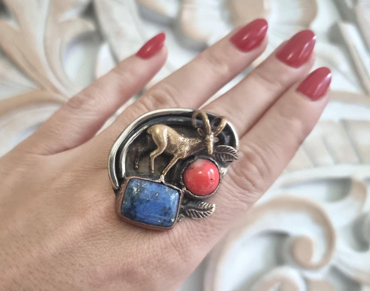 One of a Kind Aries Ram Ring, Lapis Lazuli Coral Statement Ring, Handmade Zodiac Jewelry, Adjustable Animal Ring, Gift for Her