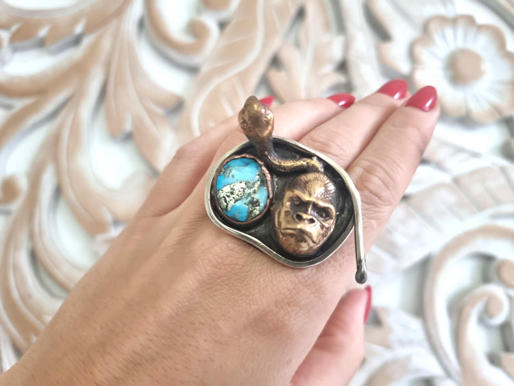 One of a Kind Gorilla Snake Ring, Adjustable Turquoise Gemstone Statement Ring, Handmade Boho Jewelry, Unique Gift for Her