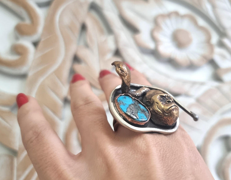 One of a Kind Gorilla Snake Ring, Adjustable Turquoise Gemstone Statement Ring, Handmade Boho Jewelry, Unique Gift for Her
