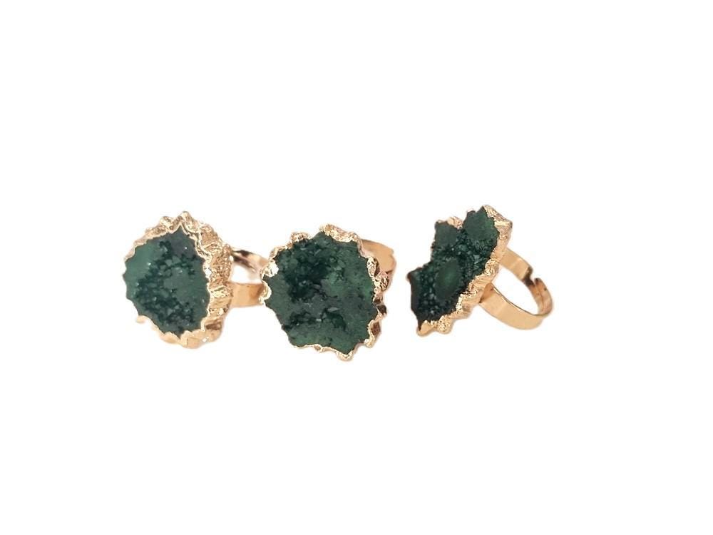 Raw Green Crystal Ring: Adjustable Gold-Plated Boho Statement Ring