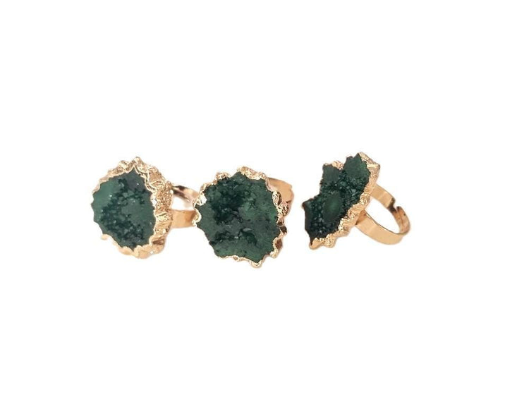 Raw Green Crystal Ring: Adjustable Gold-Plated Boho Statement Ring