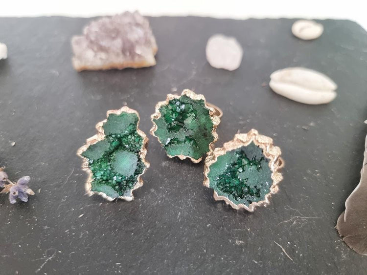 Raw Green Crystal Ring: Adjustable Gold-Plated Boho Statement Ring