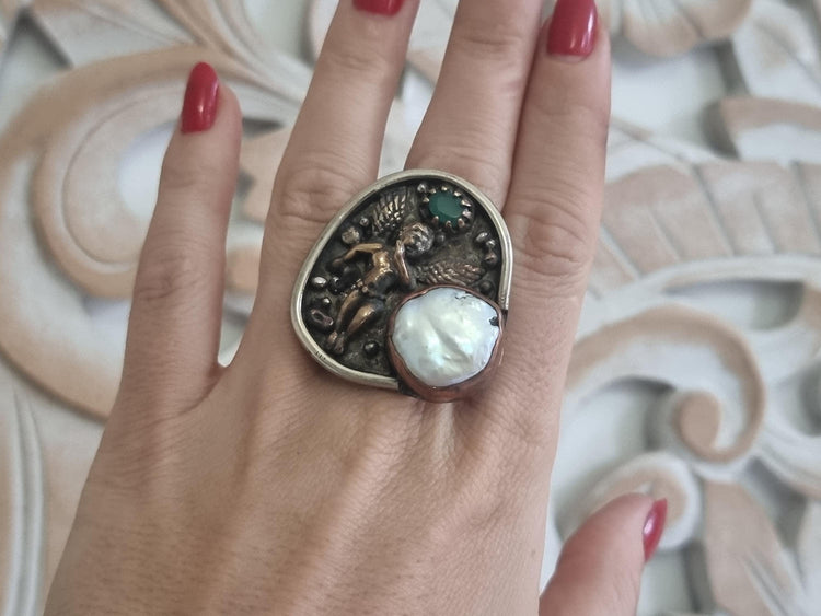 One of a Kind Angel Ring, Pearl Agate Statement Ring, Handmade Christian Jewelry, Guardian Angel Ring, Adjustable Boho Gift for Her
