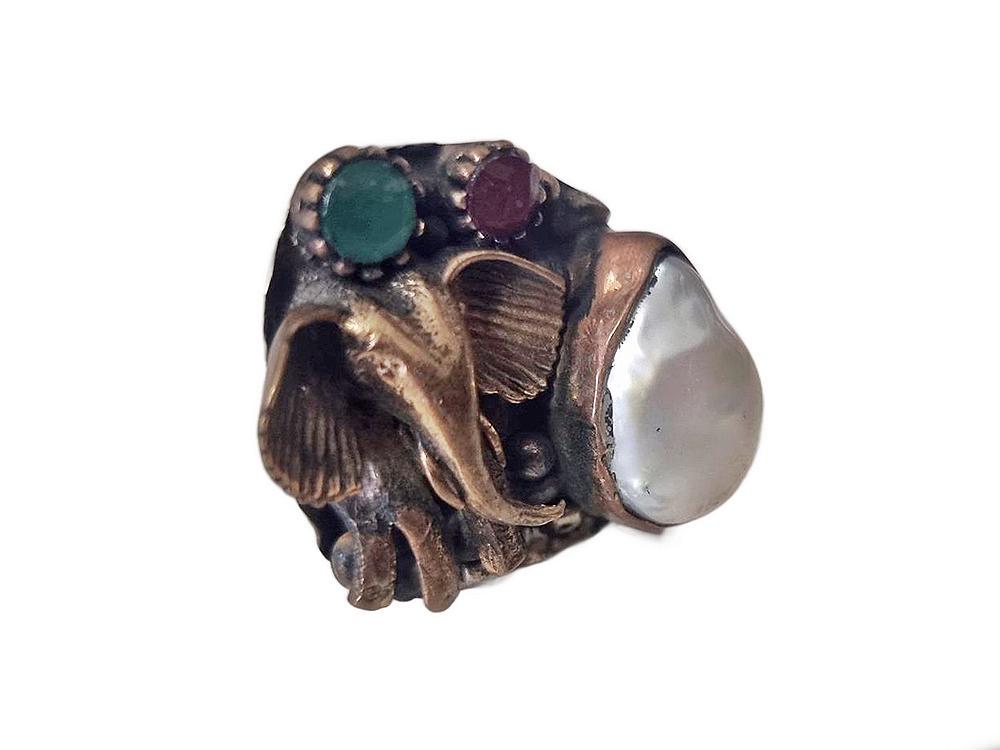 Hammered Brass Elephant Ring: Freshwater Pearl, Agate & Ruby Gemstone
