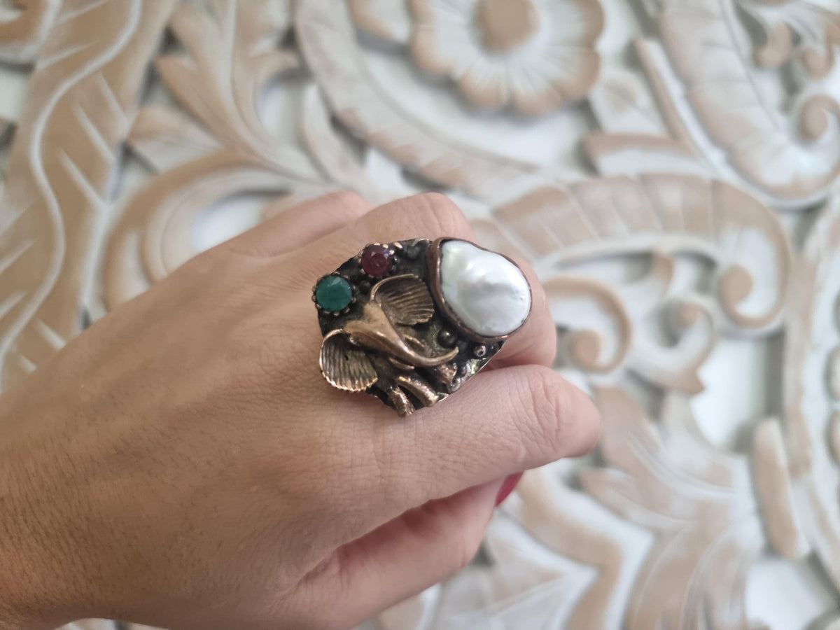 Hammered Brass Elephant Ring: Freshwater Pearl, Agate & Ruby Gemstone