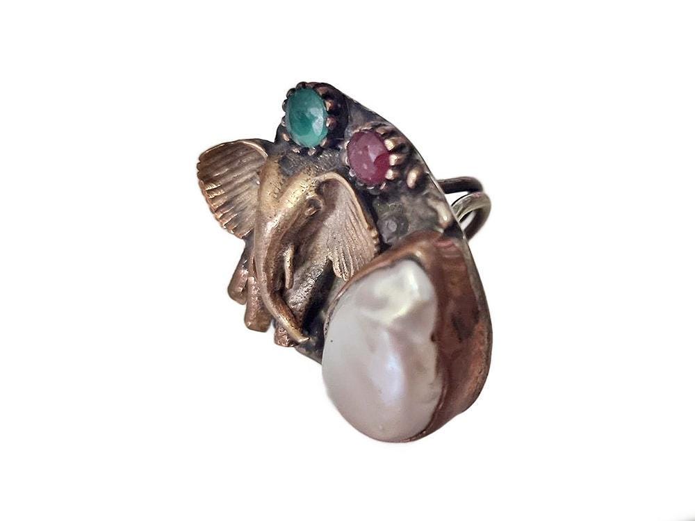 Hammered Brass Elephant Ring: Freshwater Pearl, Agate & Ruby Gemstone