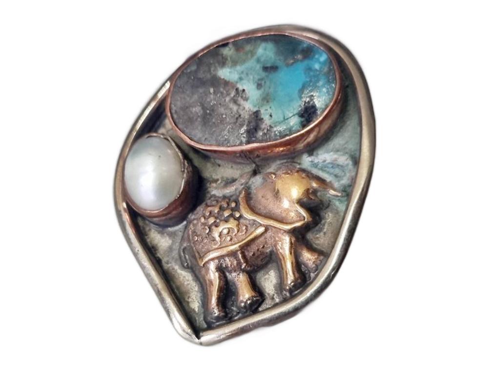 Turquoise Elephant Ring: Hammered Brass, Freshwater Pearl, Adjustable