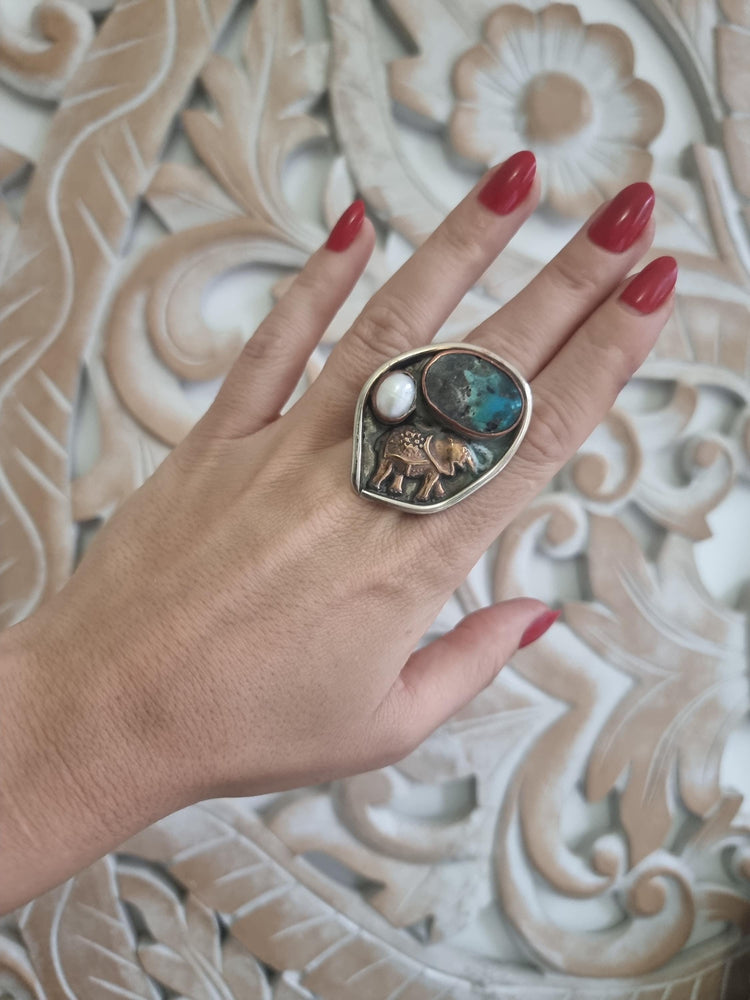 Turquoise Elephant Ring: Hammered Brass, Freshwater Pearl, Adjustable