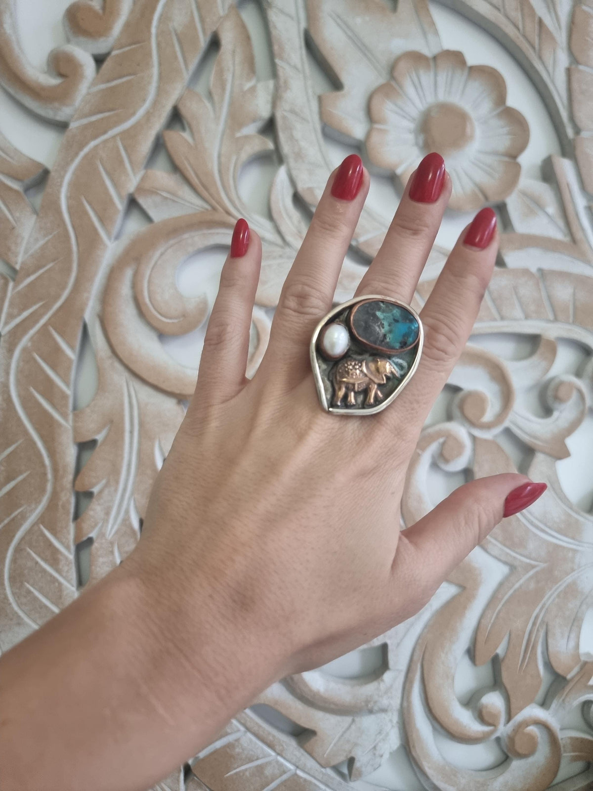 Turquoise Elephant Ring: Hammered Brass, Freshwater Pearl, Adjustable