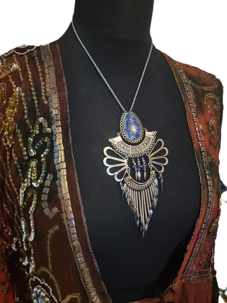 Lapis Lazuli Statement Necklace: Alpaca Silver Boho Jewelry