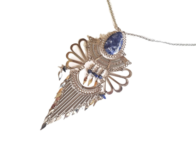 Lapis Lazuli Statement Necklace: Alpaca Silver Boho Jewelry