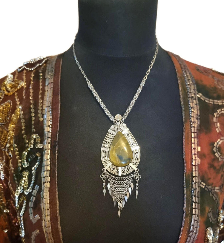 Boho Alpaca Silver Pendant Necklace: Green Peruvian Opal, Native American Style