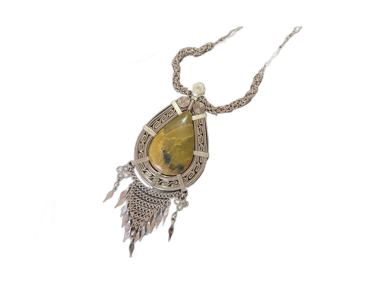 Boho Alpaca Silver Pendant Necklace: Green Peruvian Opal, Native American Style