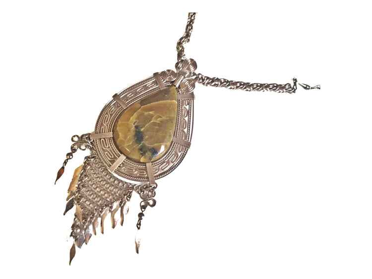 Boho Alpaca Silver Pendant Necklace: Green Peruvian Opal, Native American Style