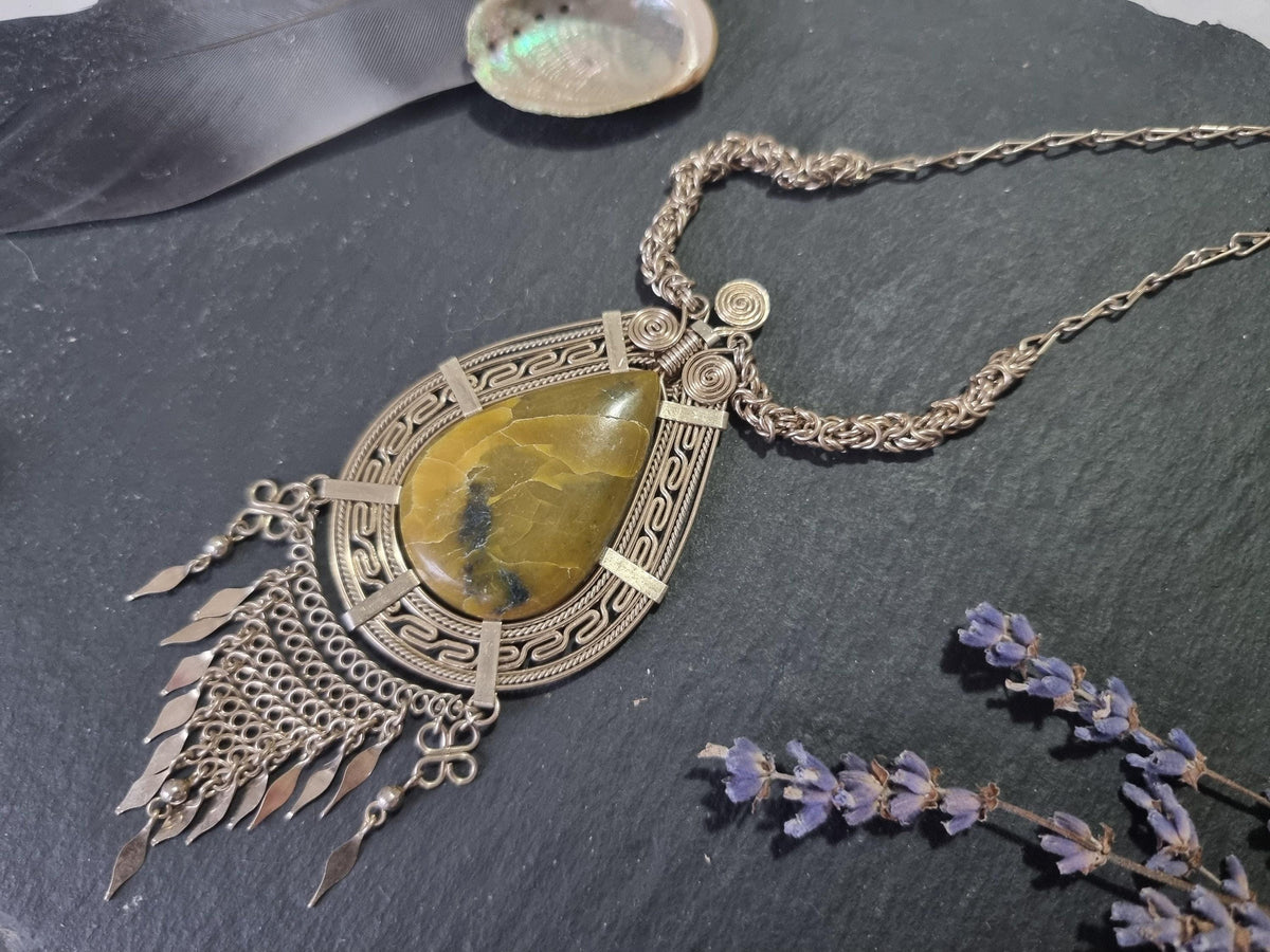 Boho Alpaca Silver Pendant Necklace: Green Peruvian Opal, Native American Style