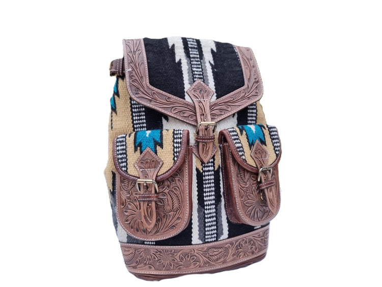 Aztec leather backpack - navajo blanket western bag - tooled leather rucksack for women - large country festival purse