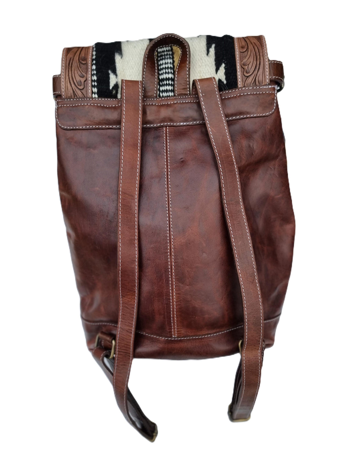 Aztec leather backpack - navajo blanket western bag - tooled leather rucksack for women - large country festival purse