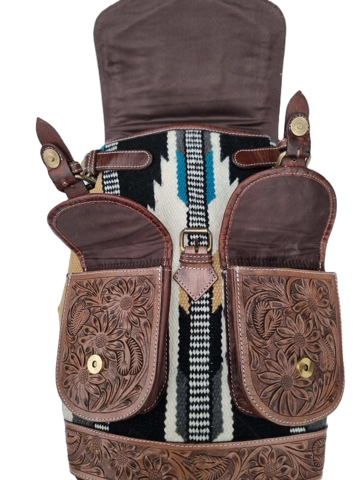 Aztec leather backpack - navajo blanket western bag - tooled leather rucksack for women - large country festival purse