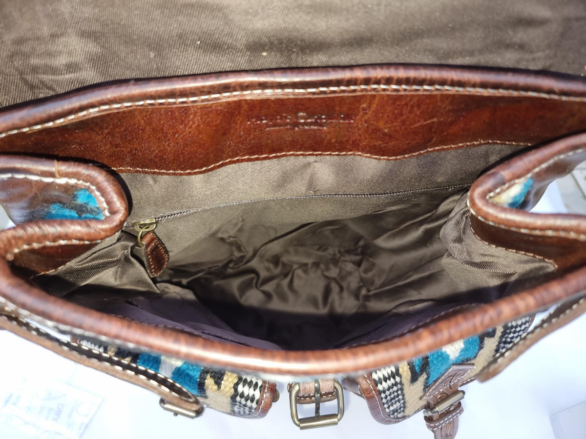 Aztec leather backpack - navajo blanket western bag - tooled leather rucksack for women - large country festival purse