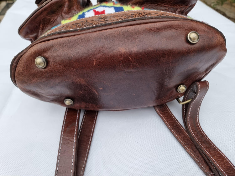 Aztec leather backpack - navajo blanket western bag - tooled leather rucksack for women - large country festival purse