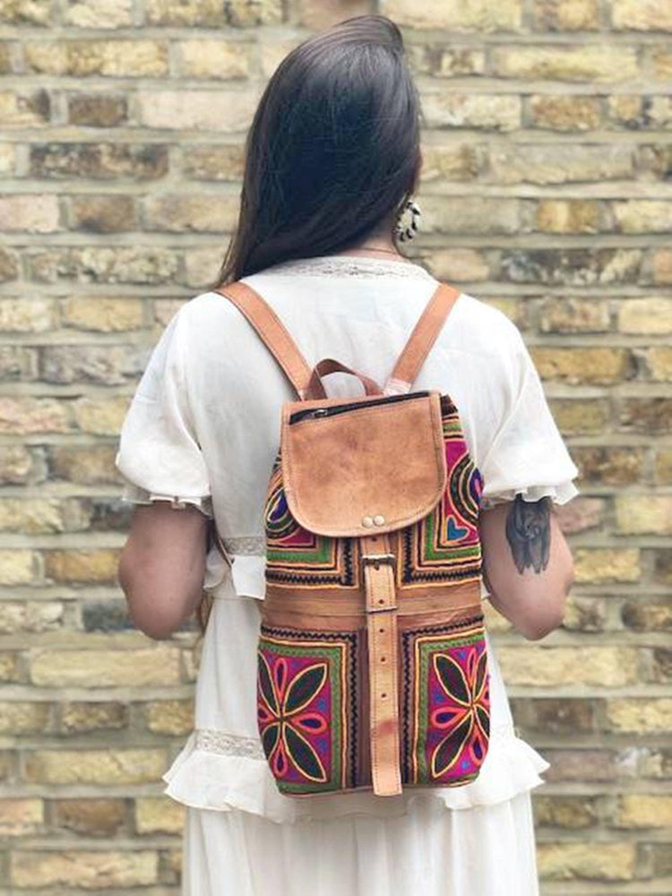 Hand Embroidered Leather Backpack: Boho Hippie Festival Bag