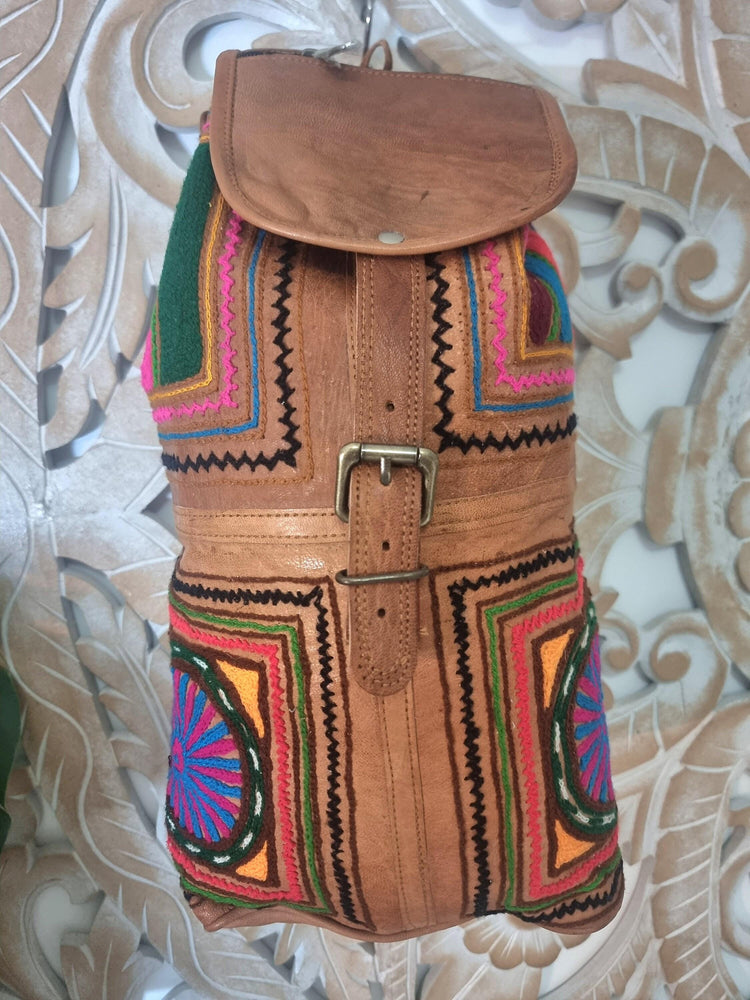 Hand Embroidered Leather Backpack: Boho Hippie Festival Bag