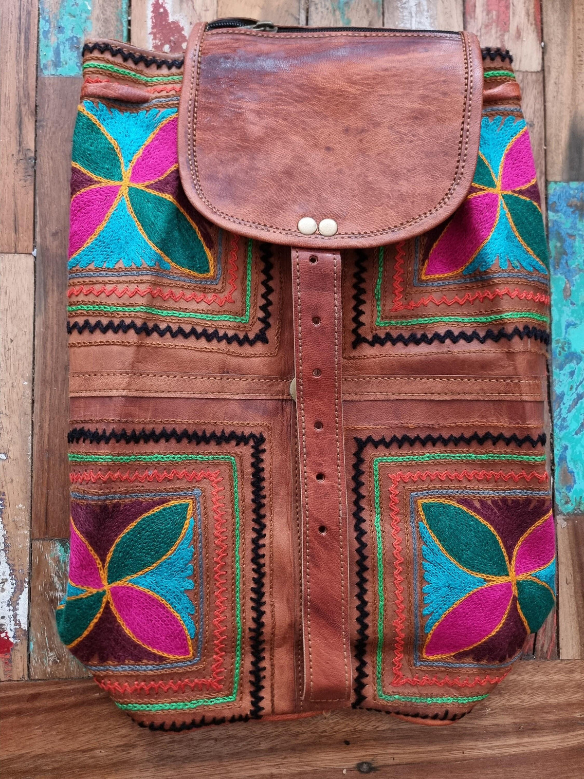 Hand Embroidered Leather Backpack: Boho Hippie Festival Bag