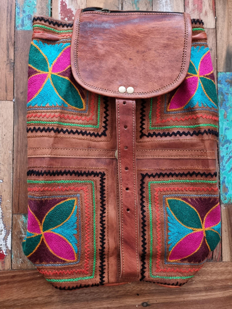 Hand Embroidered Leather Backpack: Boho Hippie Festival Bag