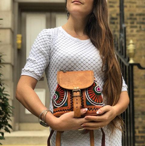 Embroidered Leather Backpack Handmade Mini Boho Backpack Women's Festival Rucksack Moroccan Leather Bag Gift