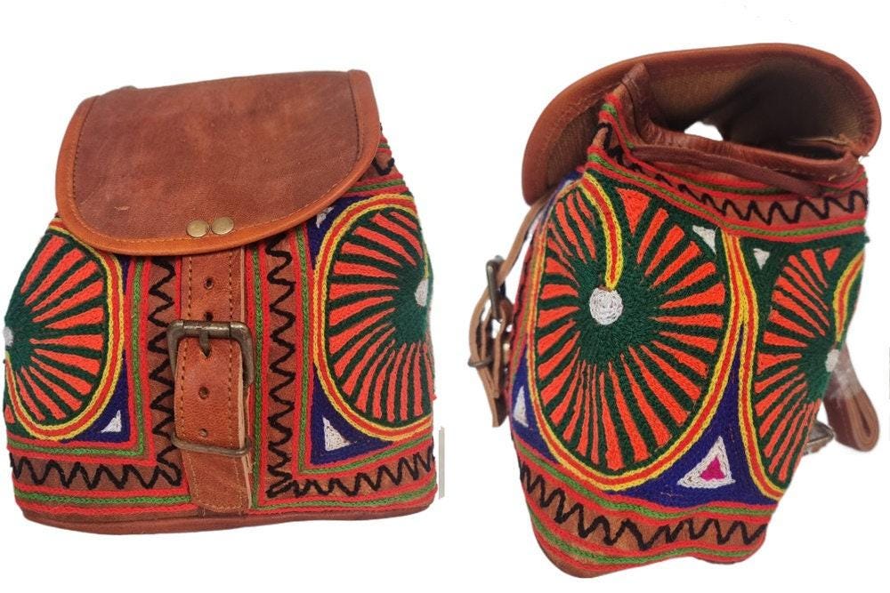 Embroidered Leather Backpack Handmade Mini Boho Backpack Women's Festival Rucksack Moroccan Leather Bag Gift
