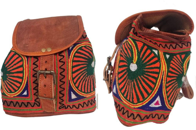 Embroidered Leather Backpack Handmade Mini Boho Backpack Women's Festival Rucksack Moroccan Leather Bag Gift