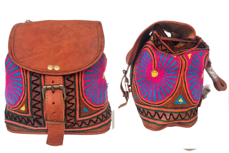 Embroidered Leather Backpack Handmade Mini Boho Backpack Women's Festival Rucksack Moroccan Leather Bag Gift