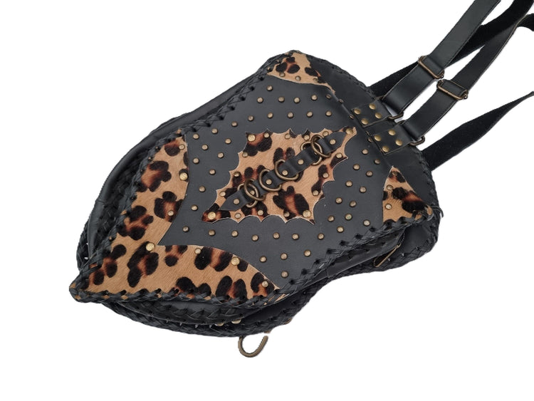 Steampunk Leather Backpack, Black Leather Rucksack, Leopard Hair Backpack, Punk Goth Backpack, 80s Vintage Style Bag, Handmade Unisex