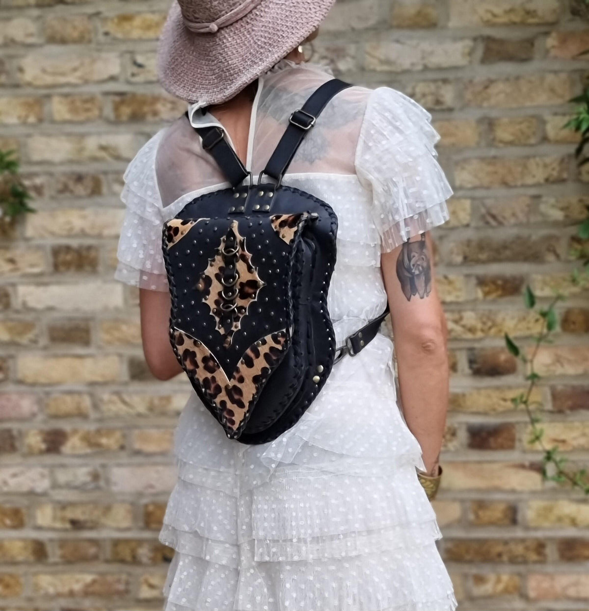 Steampunk Leather Backpack, Black Leather Rucksack, Leopard Hair Backpack, Punk Goth Backpack, 80s Vintage Style Bag, Handmade Unisex