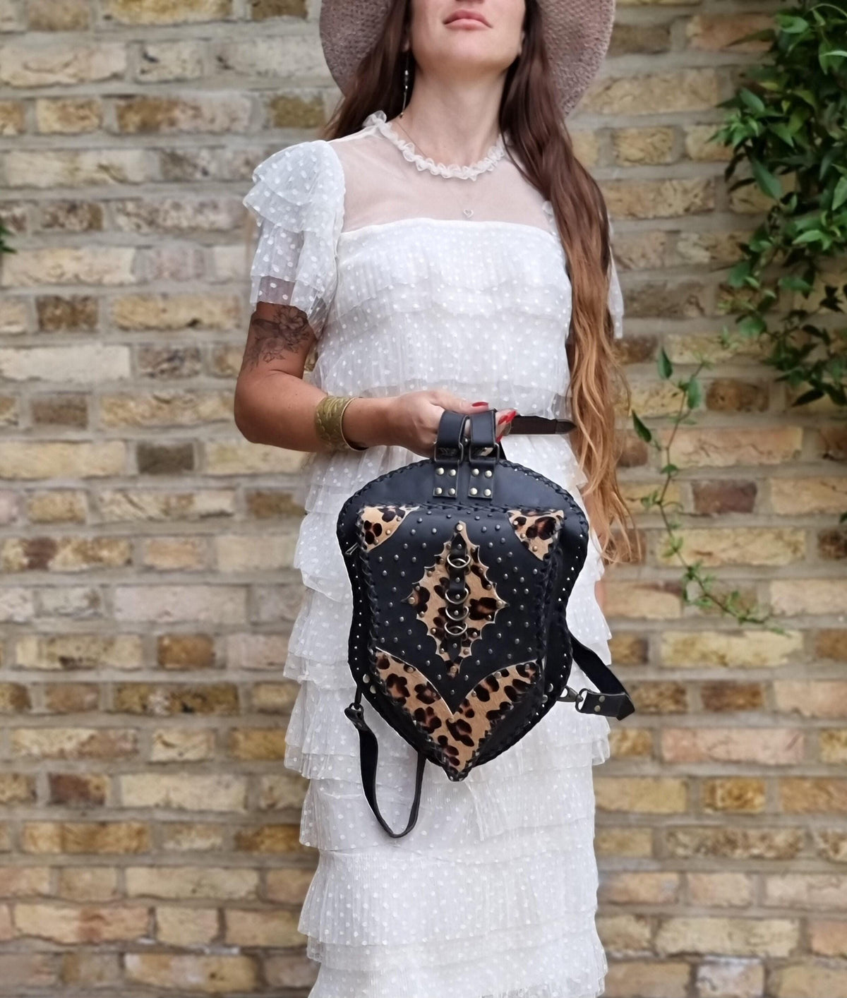 Steampunk Leather Backpack, Black Leather Rucksack, Leopard Hair Backpack, Punk Goth Backpack, 80s Vintage Style Bag, Handmade Unisex