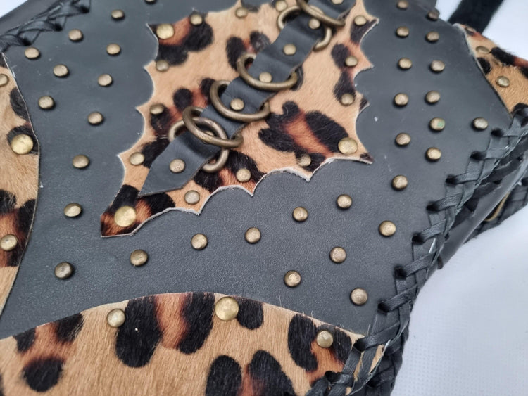 Steampunk Leather Backpack, Black Leather Rucksack, Leopard Hair Backpack, Punk Goth Backpack, 80s Vintage Style Bag, Handmade Unisex