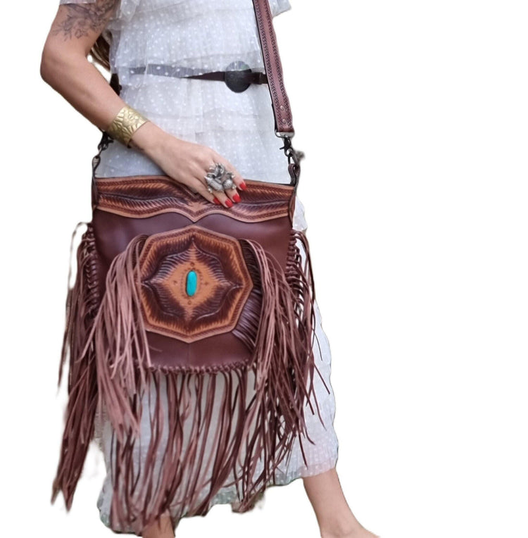 Tooled Leather Fringe Crossbody Bag: Boho Western Purse with Turquoise