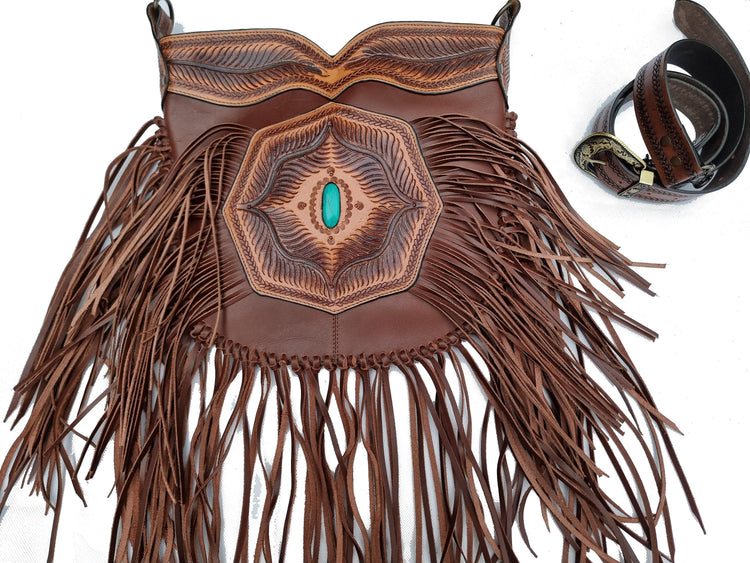 Tooled Leather Fringe Crossbody Bag: Boho Western Purse with Turquoise