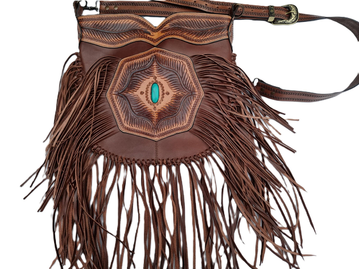 Tooled Leather Fringe Crossbody Bag: Boho Western Purse with Turquoise
