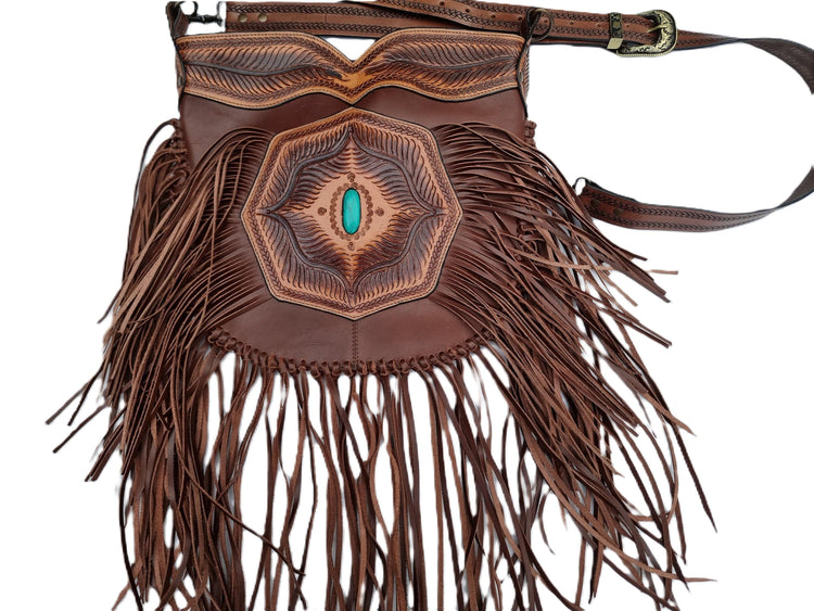 Tooled Leather Fringe Crossbody Bag: Boho Western Purse with Turquoise