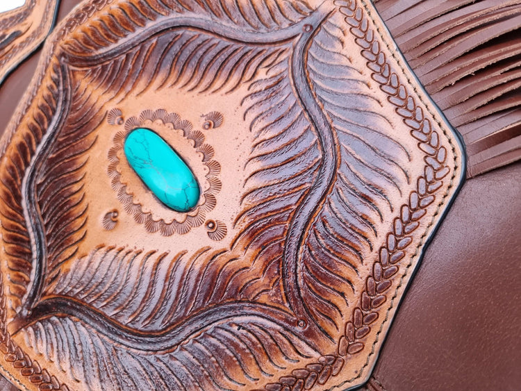 Tooled Leather Fringe Crossbody Bag: Boho Western Purse with Turquoise